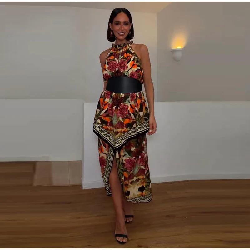 Halter Neck Floral Print Split Set Sleeveless Casual Top Tropical Wrap Slit Maxi Skirt 2026 Summer Bohemian Holiday Women Outfit