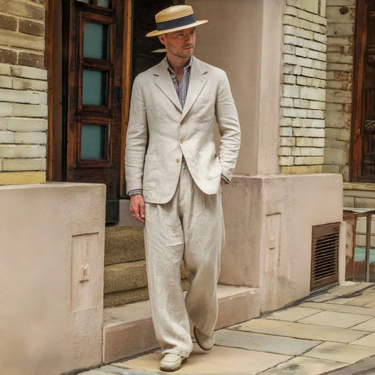 Beige Linen Relaxed Prom Suits 2 Pieces 1970s Men Suits Vintage Style Groom Wedding Tuxedo Blazer Trousers Set ropa hombre