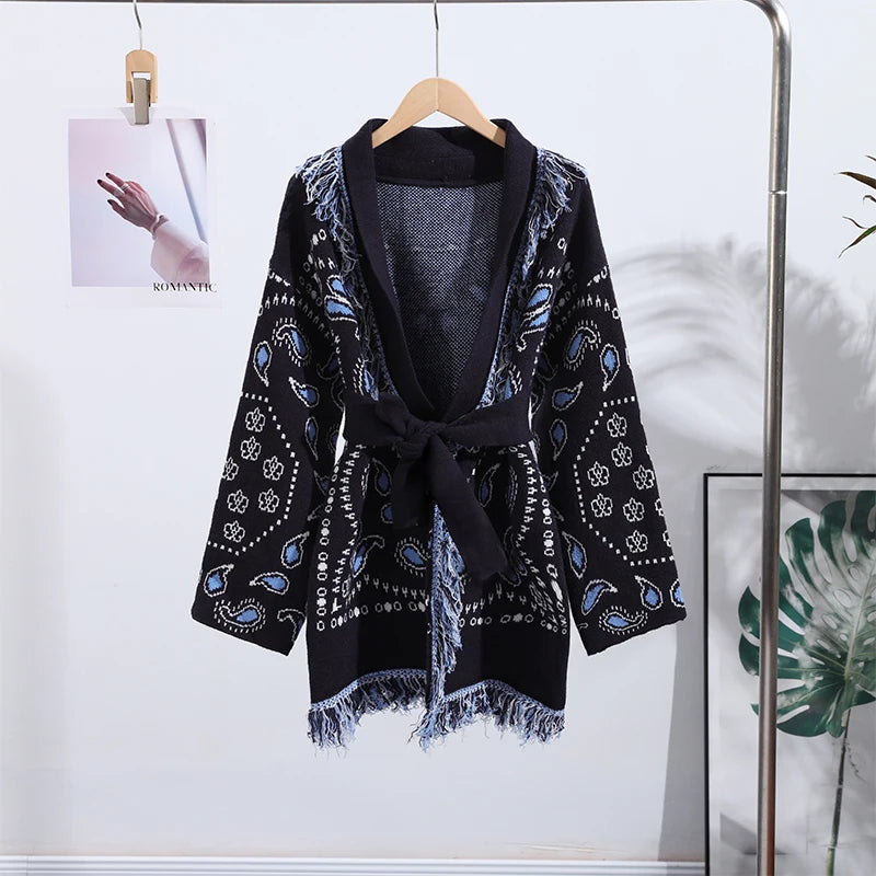 Elegant Print Tassel Cardigan Women Belt V-neck Long Sleeve Loose Knitted Sweaters Female 2025 Autumn Winter Chic Knitwears Lady