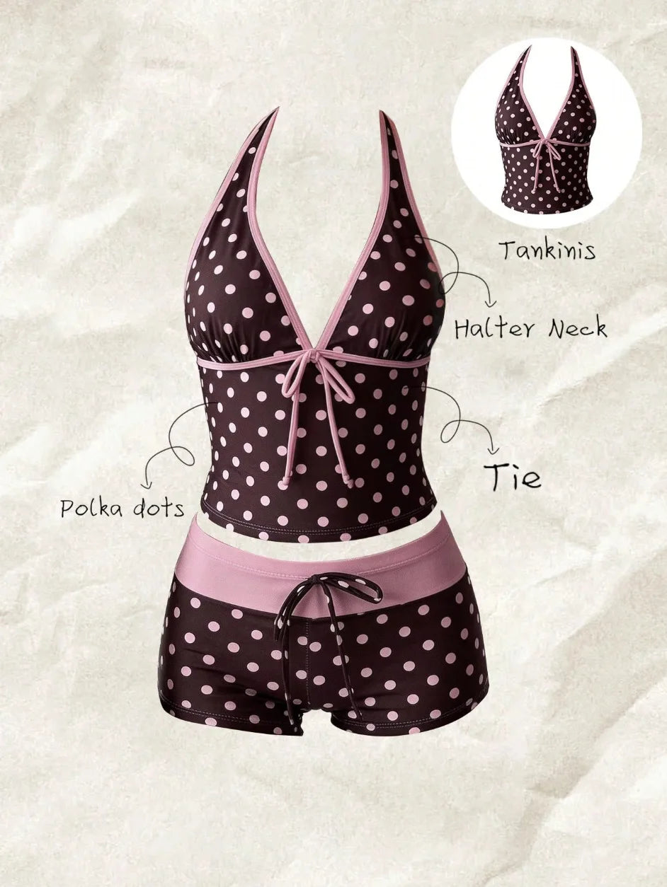 Women Beach Style Bikini Swimwears 2-Piece Tankini Suits Halter V-Neck Tie Cami Top Bodycon Contrast Waistband Swim Beachwear