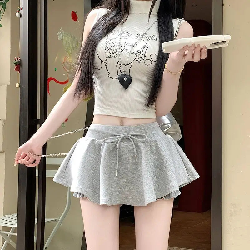 Solid Color Drawstring Half Body Skirt Pants, Spicy Girl Pure Desire, Casual Sports Short Skirt Pants, High Waist
