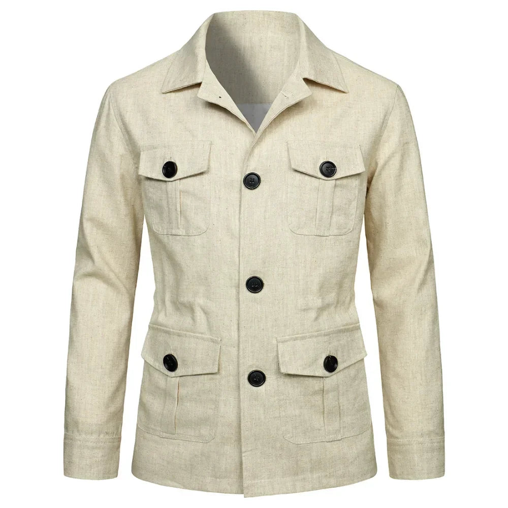 Mens Coats Safari Jacket Linen British Retro Gentry Suit Pockets Outerwear Fashion Solid Color Male Tops Ropa Hombre