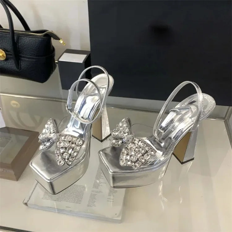 Luxury Rhinestone Transparent Platform Sandals Women Open Toe Summer Fashion Slingback Party Dress Shoes Crystal Bow High Heels