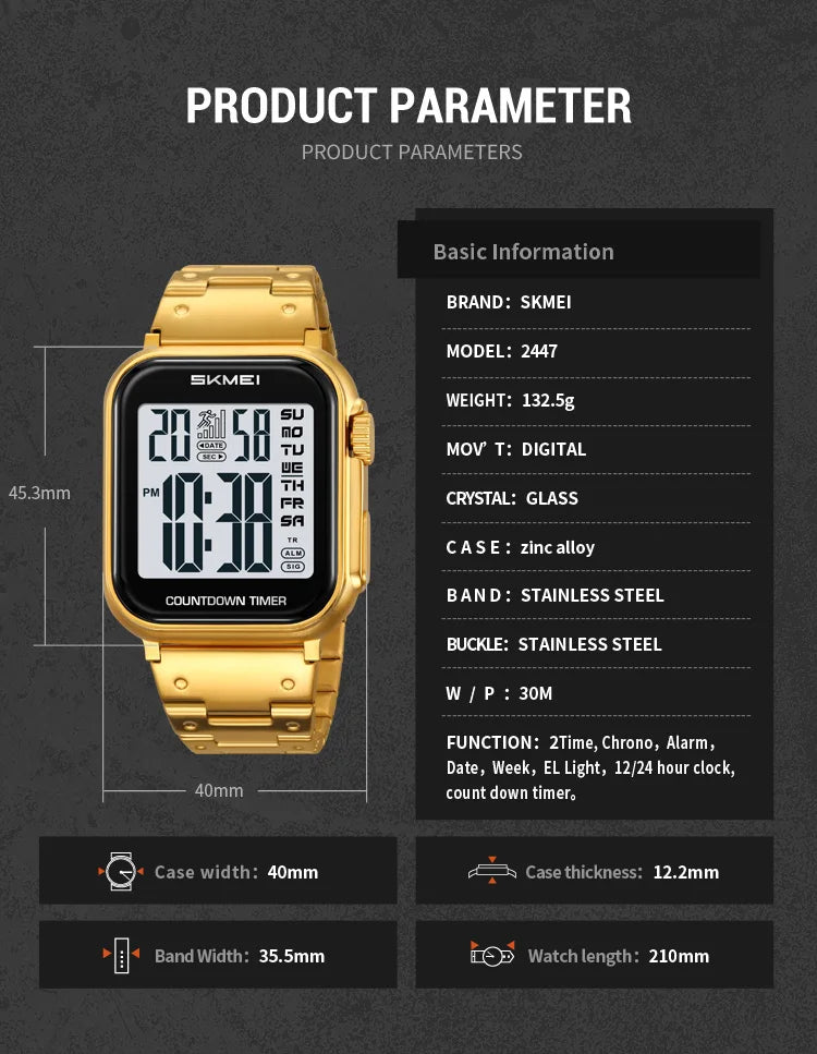 SKMEI 2447 Brand Fashion Men's Electronic Watch Calendar Alarm Clock Luminous Countdown Digital Watches for Man reloj hombre