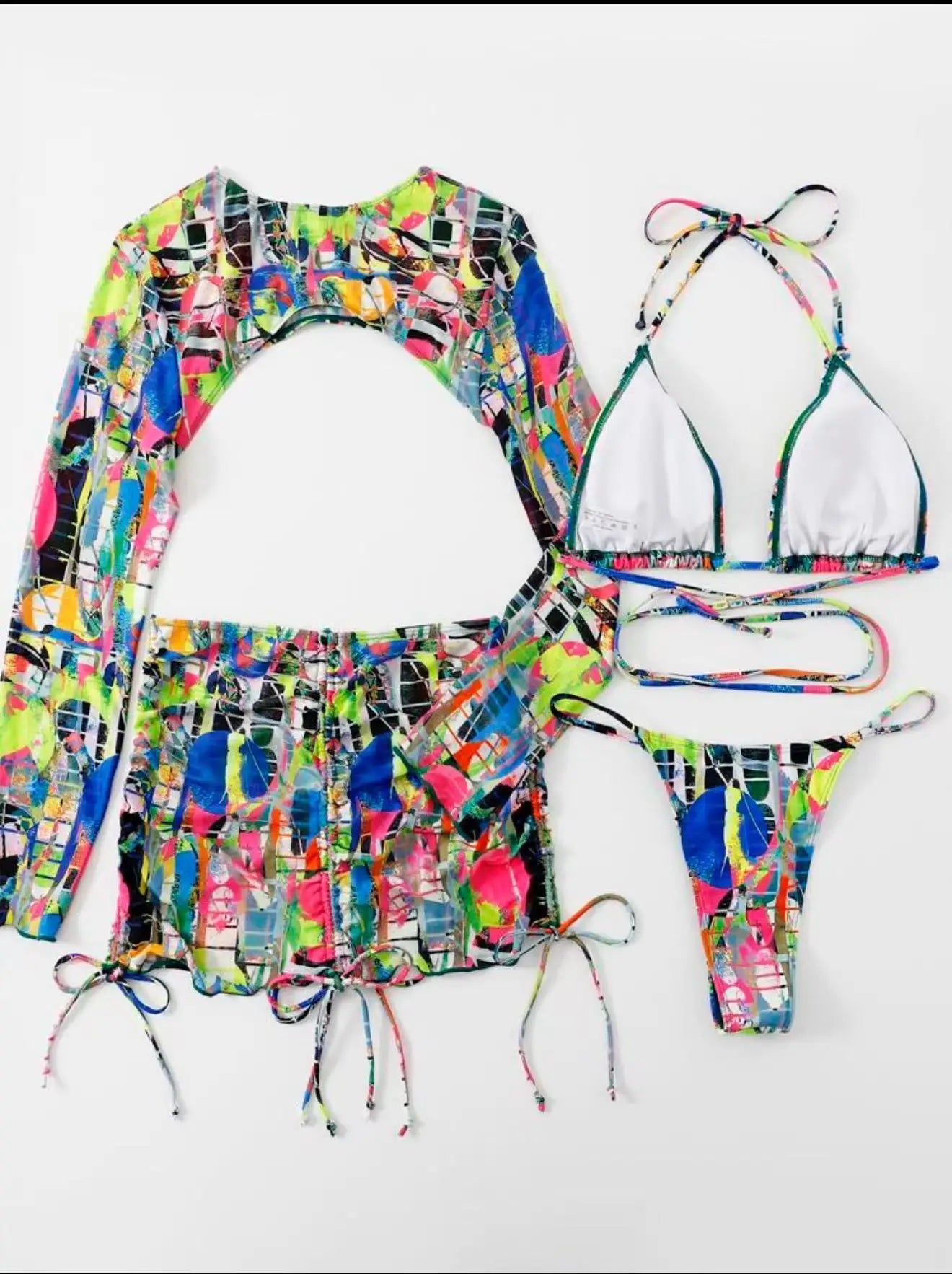 Sexy Printed 4 Piece Bikinis Women Push Up Swimwear With Wrap Long Sleeve Skirt Swimsuit Bathing Suit Beach Wear Female