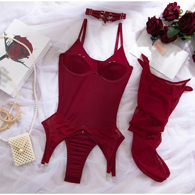 Sexy Bodysuit Set Tight Fitting Hot Girl Jumpsuit Highlight Body Shape Temptation Four Piece Set With Stockings Ballroom Attire
