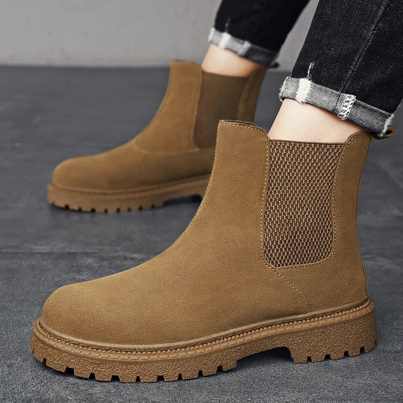 Mens Genuine Leather Chelsea Boots Ankle Casual Fashion Boot Luxury Winter Plush Warm Non-Slip Soles Pure Black Brown Suede