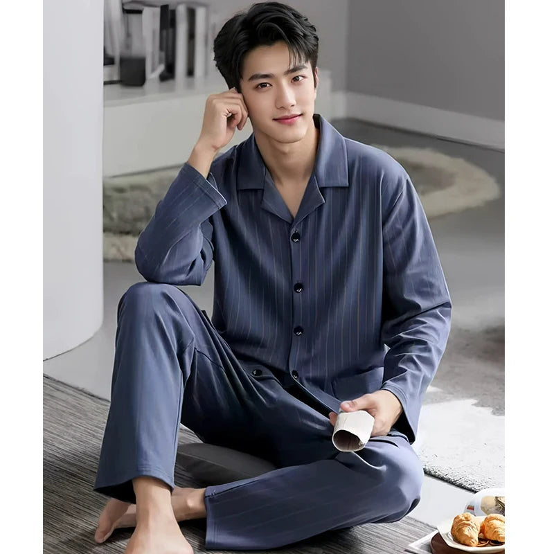Pajamas for Men Spring and Autumn Long-Sleeved Young Men's Simple Casual Lapel Autumn and Winter Home Wear Set