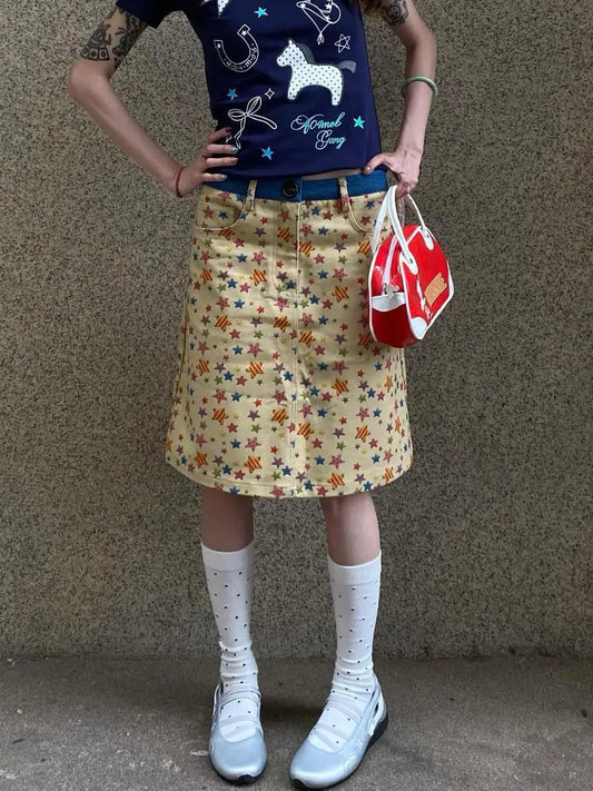 Washed Star Print Denim Skirt Spice Girls Loose A Word Medium and Long Skirt