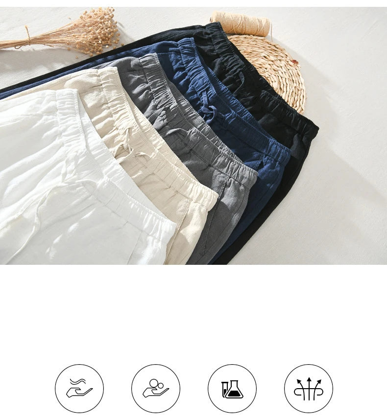 Summer New Casual Linen Ankle-length Pants for Men Clothing Simple Drawstring Thin Streetwear Oversize BL8226