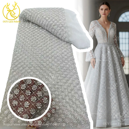 White Bridal Wedding Dress Elegant French with Sequins Embroidery Tulle Lace Fabric African Nigerian Groom Beaded Lace Fabrics