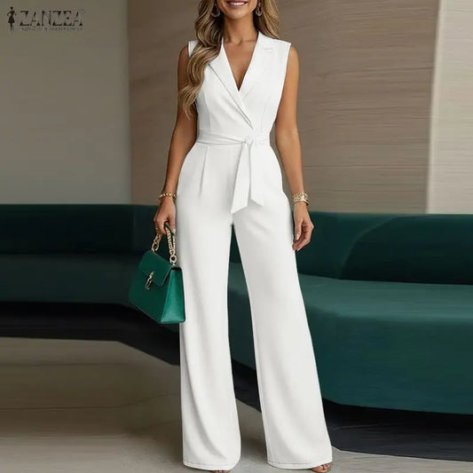 Fashion Women Jumpsuits ZANZEA 2026 Summer Rompers Lapel Neck Sleeveless Playsuit Elegant OL Work Wide Leg Overalls Trousers
