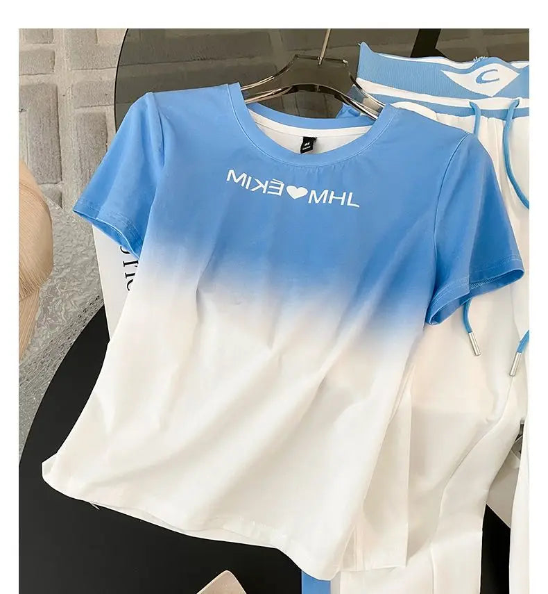2024 Spring/Summer New Fashionable Gradient Short Sleeve+High Waist Wide Leg Pants Casual Two Piece Set