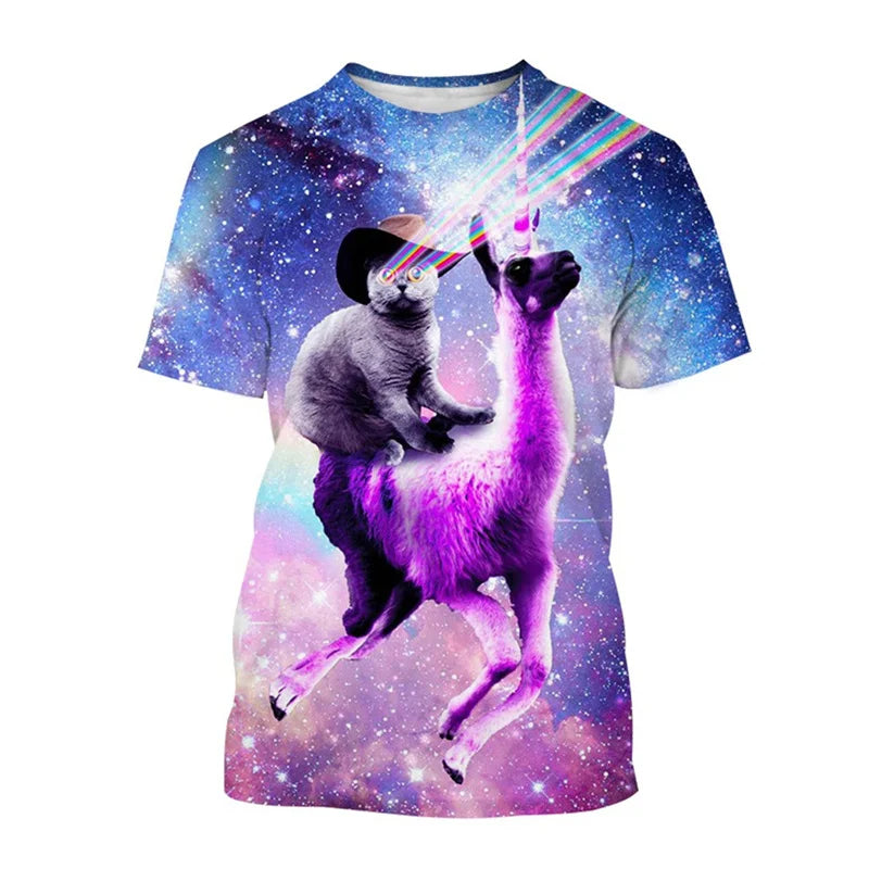 Summer 3D Printed Space Funny Cat T-shirt Men Women Cool Animal Top Tees Street Plus Size Short Sleeves T Shirt Kids Clothes