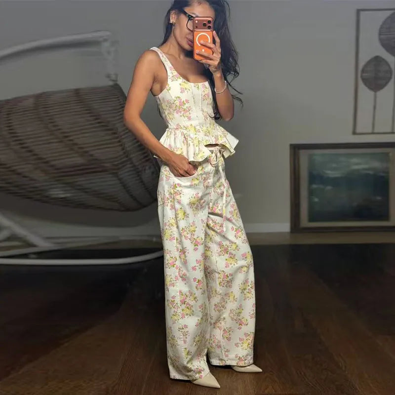 Floral Printed Women Long Pants Set Elegant Sleeveless Backless Vest Wide Leg Trousers Chic Holiday Vacation Lady Summer Outfits BAZAARHUBO