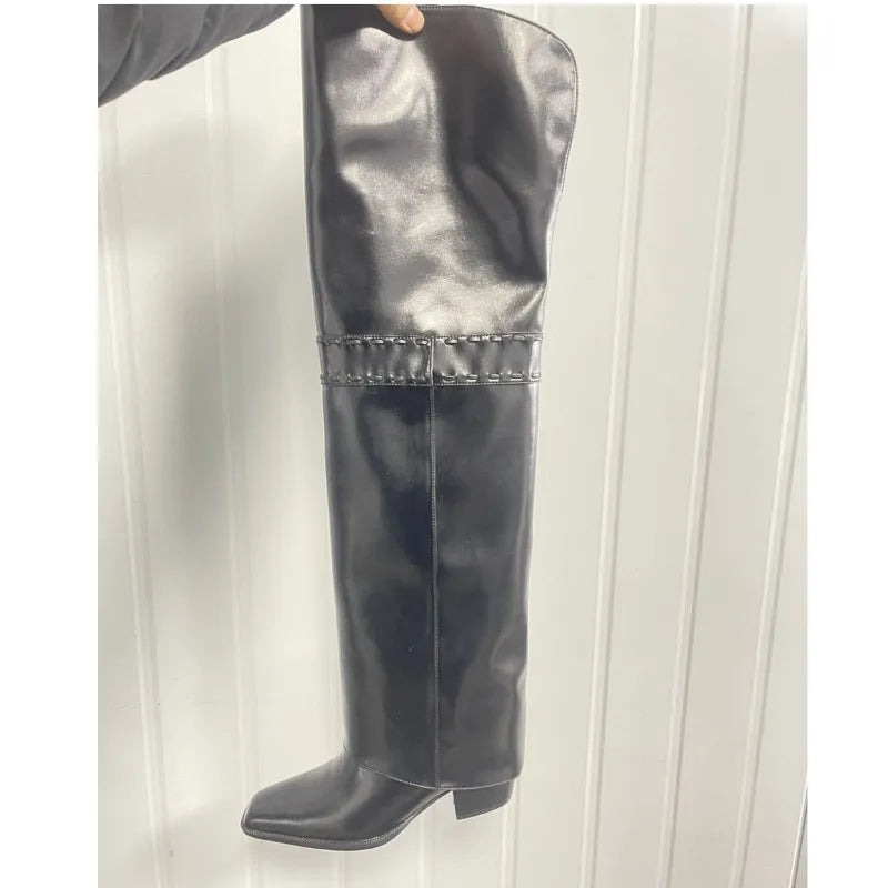 Elegant Temperament of European and American Women, Thick High Heels, Skirt Hem, Knee High Boots, Oversized Retro Knight Boots