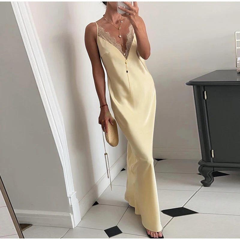 Summer Satin Lace Spliced Long Dress Women V Neck Sleeveless Waist Cinching Strap Dresses 2026 Lady Casual Solid Party Robe