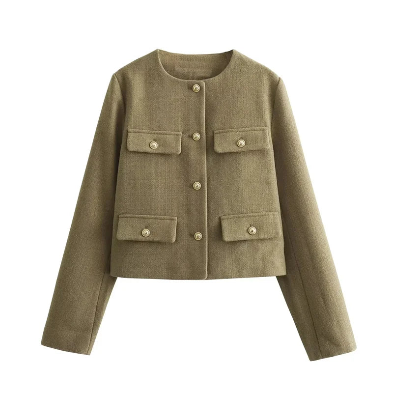 MUJER Tweed Cropped Jacket Woman Long Sleeve Vintage Jacket Woman Fashion Button Elegant Jackets For Women New In Short Coats