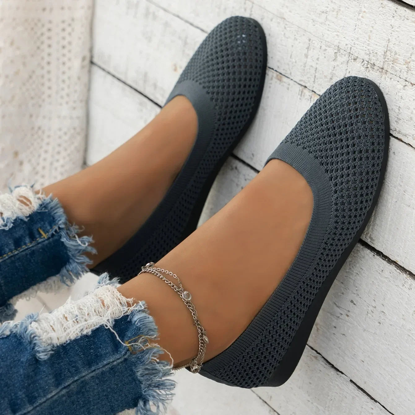 Women Round Toe Flat Shoes Solid Color Knitted Slip on Shoes Casual Breathable Ballet Flats Women Mesh Flat Shoes Loafers Woman
