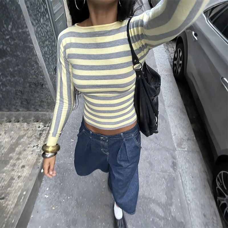 Women's knitted black T-shirt spring and autumn new long sleeve casual sexy fashion slim crop top versatile street wear y2k ropa