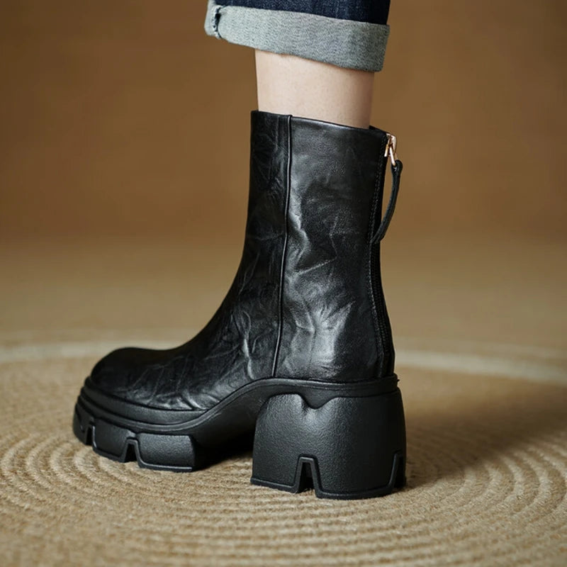 NEW Autumn Women Boots Genuine Leather Shoes for Women Round Toe Chunky Heel Shoes Concise Zip Platform Boots Soft Daily Shoes