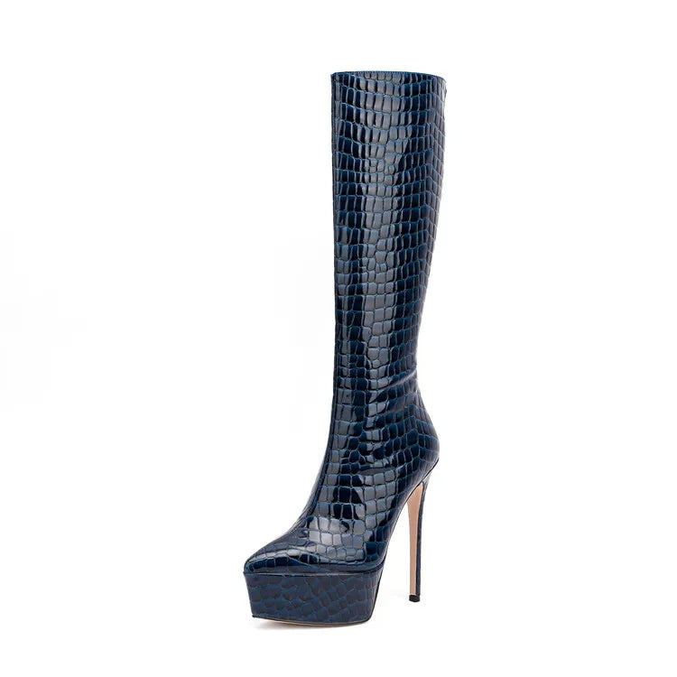 New Women Knee High Boots Patent Leather Pointed 15cm High Heels Winter Short Plush Waterproof Platform Girl Boots Large 34-45