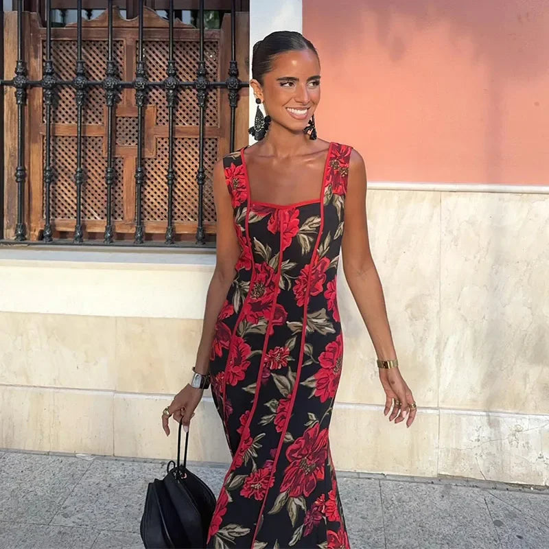 Sexy Printed Flower Long Women's Dress Sleeveless Waist-Closed Slash Neck Lady Dresses Summer Sling Vacation Holiday Robe