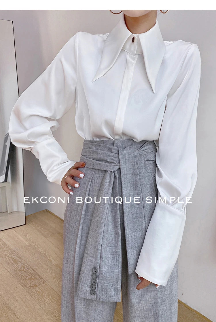 Stylish Elegant Turn Down Collar White Long Sleeve Satin Shirts Fashion Woman Vintage Blouse 2024 Office Lady Tops Blusas 16946