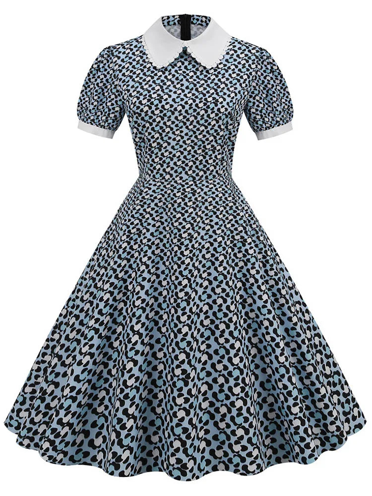 Women Vintage Dress Floral Print Peter pan Collar Elegant Party Dress Puff Short Sleeve Pin Up 50s Party Sundress 3XL