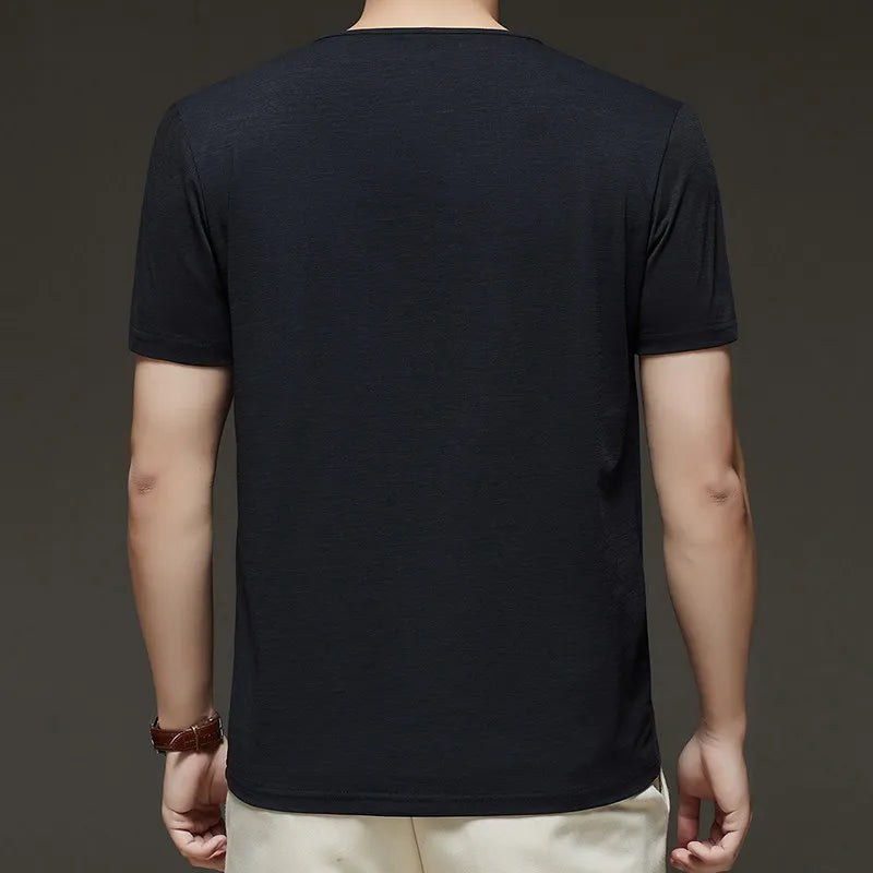 2025 New Men's Business Casual Three Button V-neck Short Sleeved T-shirt Korean Style Summer Comfortable Versatile Top