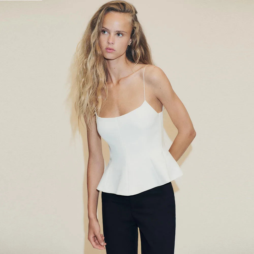 Women's Casual Blouse - Spring/Summer Style. Elastic Shoulder Straps. Round Neckline. Sexy Design. Slim Fit. Valentine's Day Sty