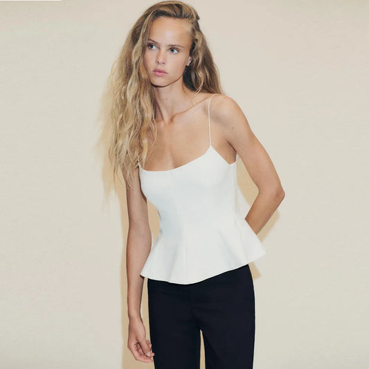 Women's Casual Blouse - Spring/Summer Style. Elastic Shoulder Straps. Round Neckline. Sexy Design. Slim Fit. Valentine's Day Sty