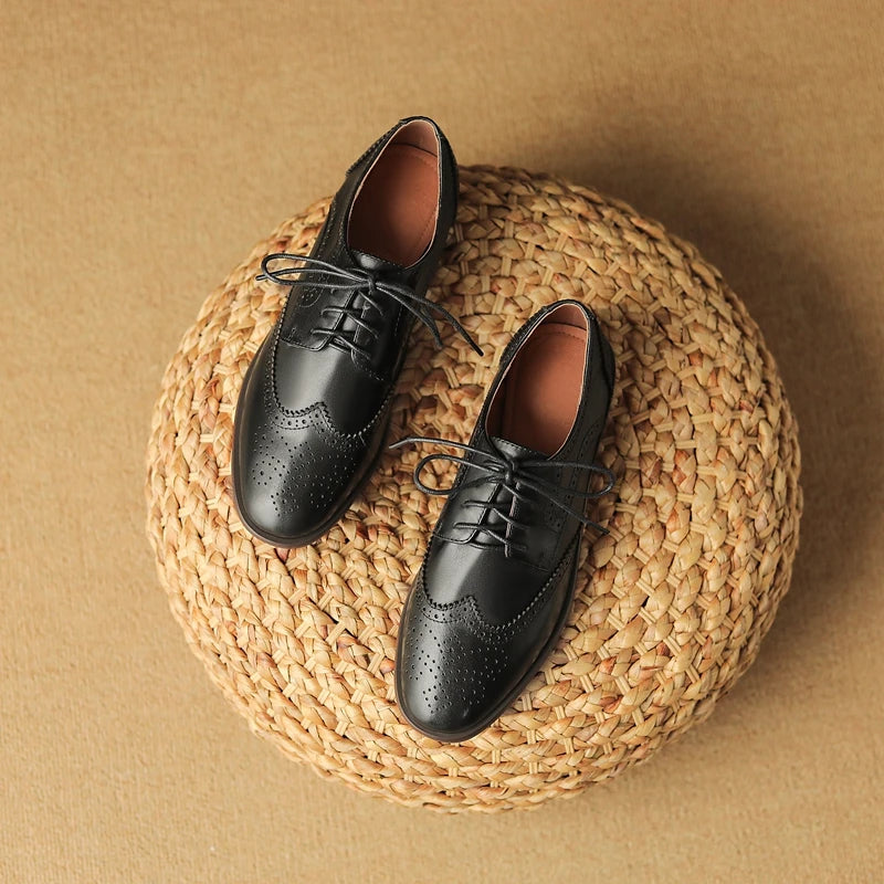 Women's New Round Head Burnt Flower Inner and Outer Leather Cowhide Lace up Large Low Heel Block Oxford Shoes