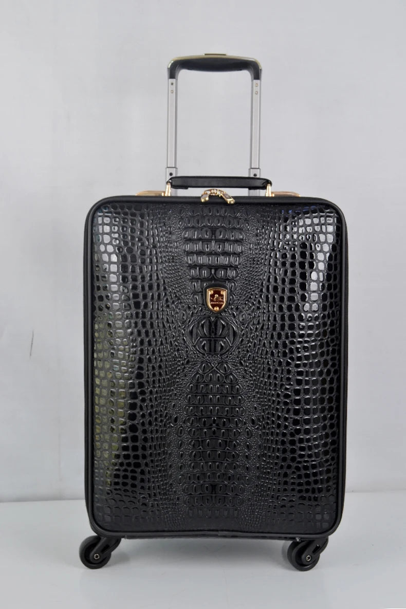 Crocodile pattern leather rolling luggage 16/20/24 inch boarding trolley suitcase real leather men's and women's travel luggage