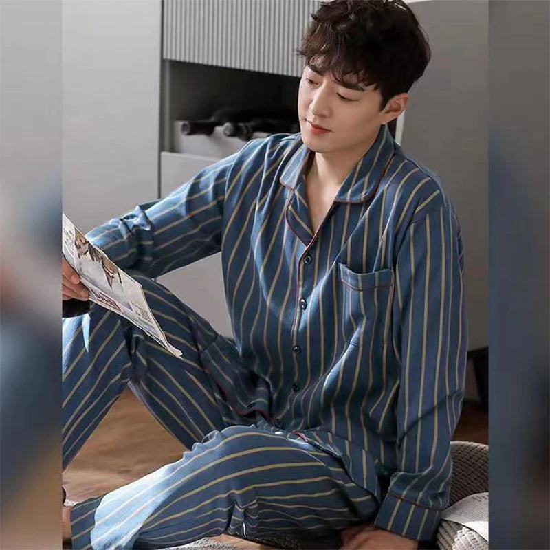 Pajamas for Men Spring and Autumn Long-Sleeved Young Men's Simple Casual Lapel Autumn and Winter Home Wear Set
