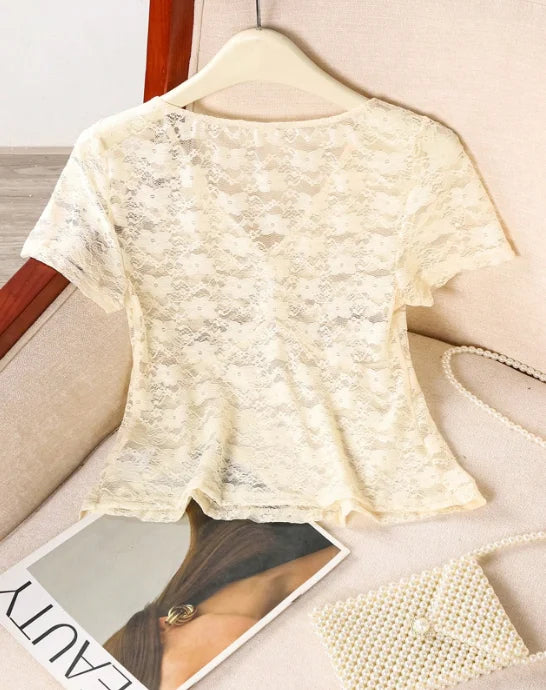 Summer European and American style sexy lace shirt short sleeved beach top for women
