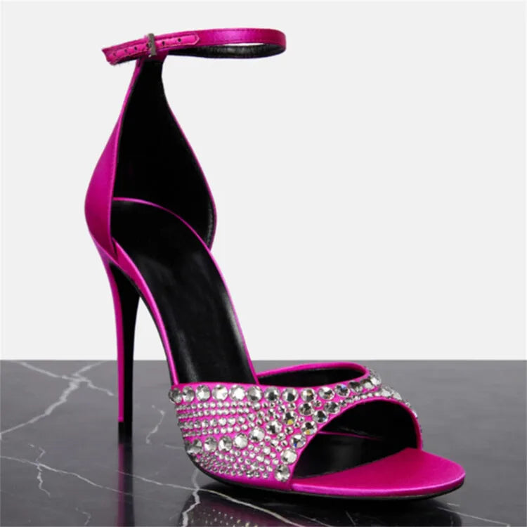 Summer 2023 Internet Celebrity Rhinestone Open Toed Sandals Fashion Round Toe Slim Heel Sandals Sexy Wrapped Party Sandals 35-43