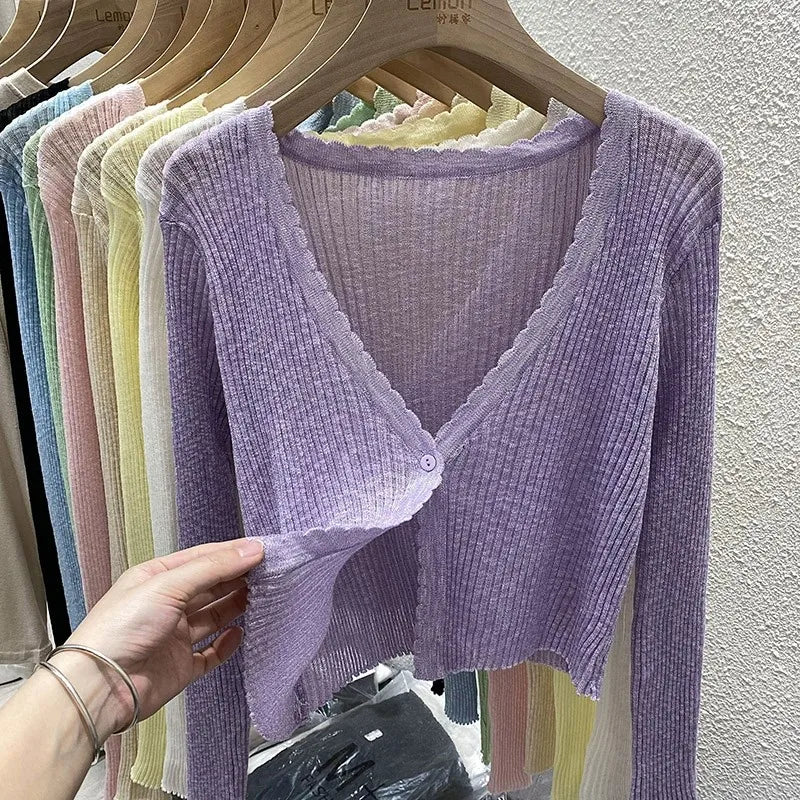Pastel Crop Cardigan for Women Long Sleeve Button Front Lightweight Knitted Cardi Jacket Top Teen-girl Basic Outfit