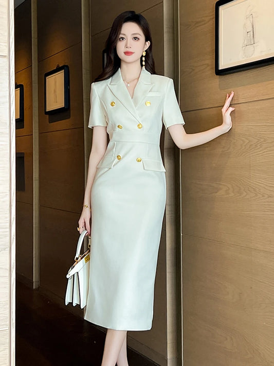 Elegant Office Lady Classic Business Formal Pencil Dress Women Clothes Blazer Commute Short Sleeve High Waist Slim Midi Vestidos