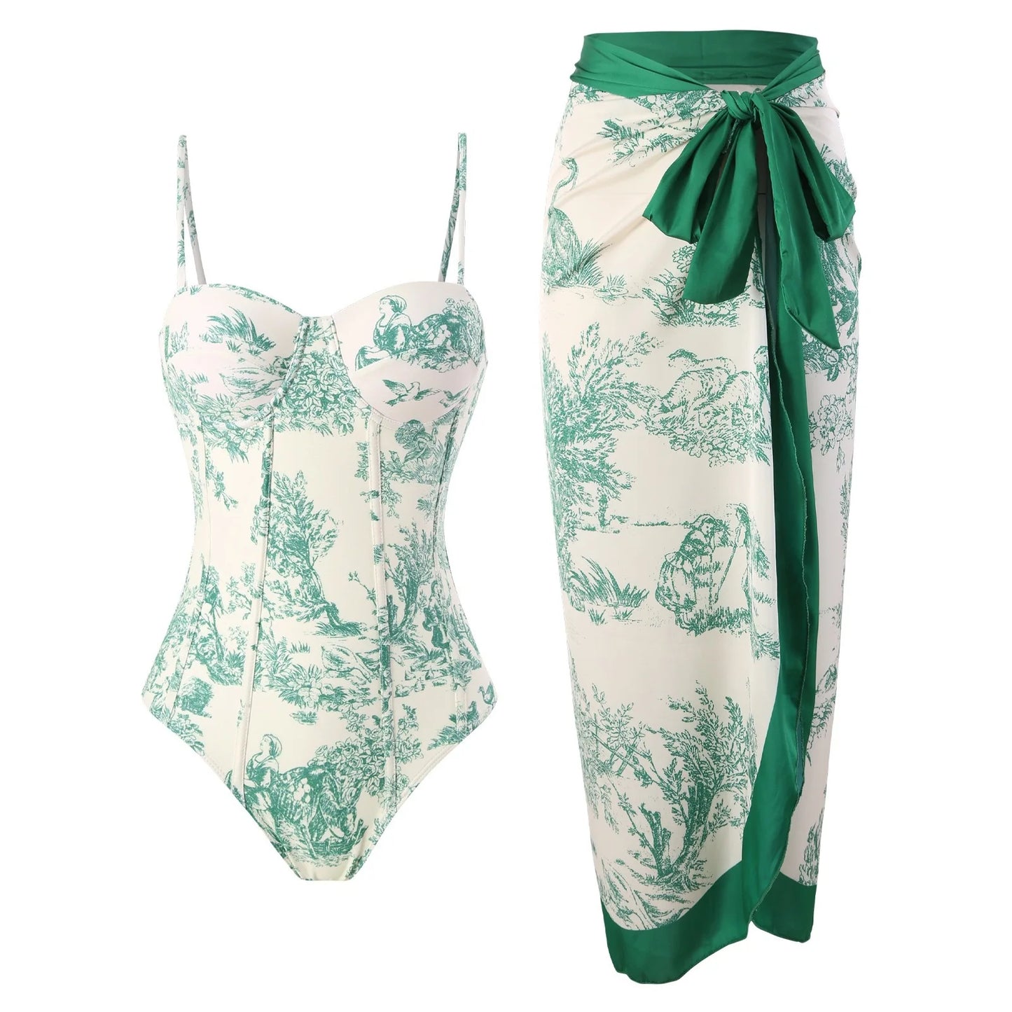 Women Swimwear Swimsuit Two-piece set Summer Print Bodysuit Bikini Set Beach Style Wear Maxi Dress Skirt One-piece swimsuit