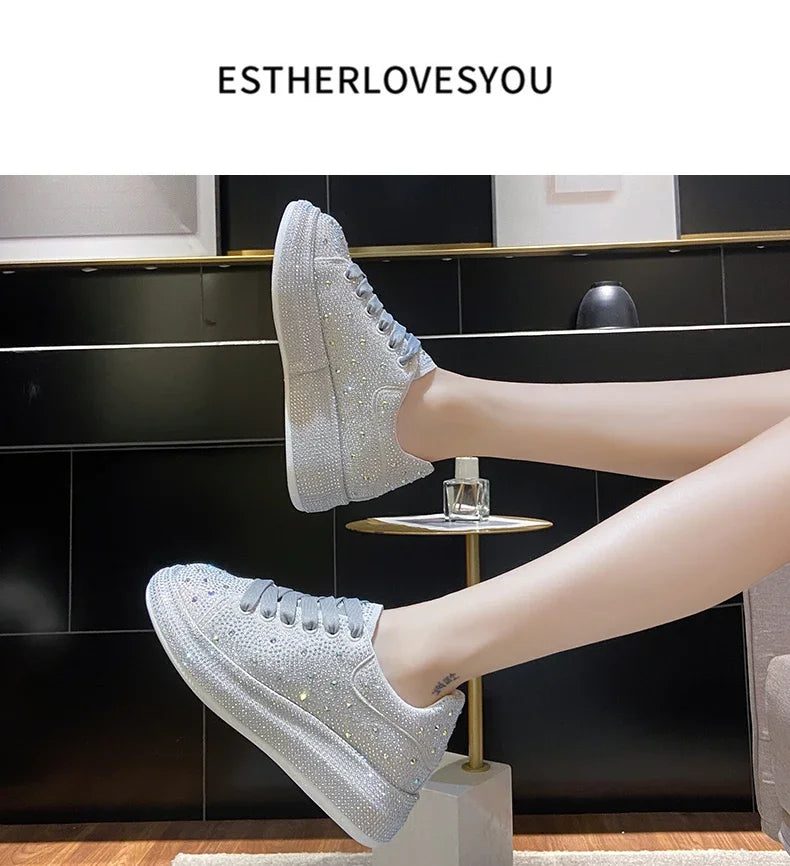 NEW Brand Women Fashion Casual Glitter Sparkling Sneakers Women Encrusted Lace Up Shoes White Sole Fashion Street Sneakers Shiny