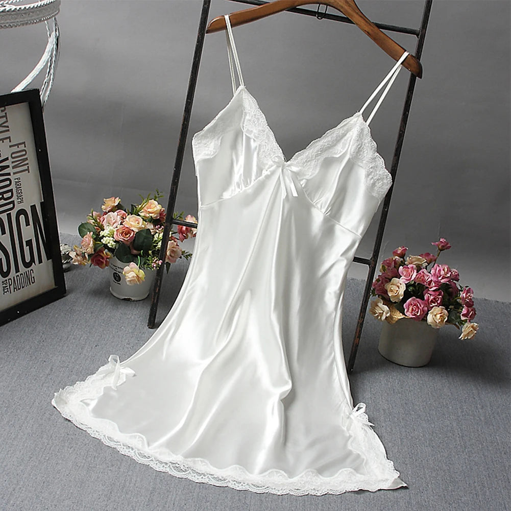 Ladies Sexy Silk Satin Night Dress Nightgown Sleeveless Lace Lingerie Sleepwear Ladies Wrap Dress Robe Sleepwear