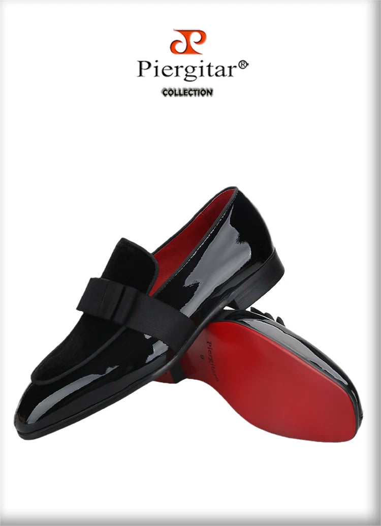 Black Patent Calfskin And Velvet Hand Stitching Men’s Dress Shoe With Grosgrain Ribbon Bow Adorns CL Brand Couture Loafer
