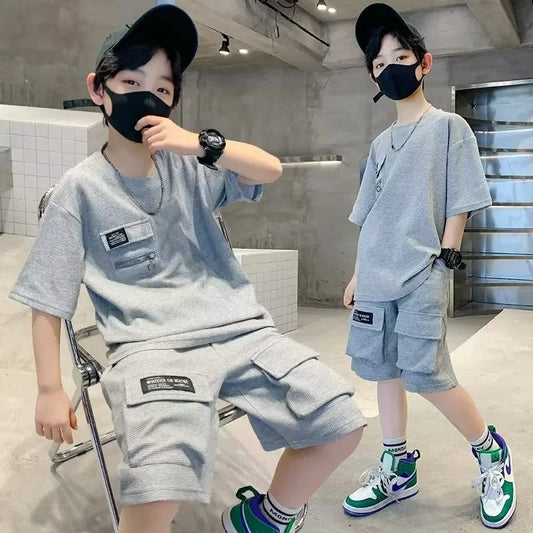 Boys Sports Suit Summer Children Clothes Sets Kids Short-Sleeved Top Shorts 2 Pieces New Teen Fashion Casual Outfits 5-14 Years