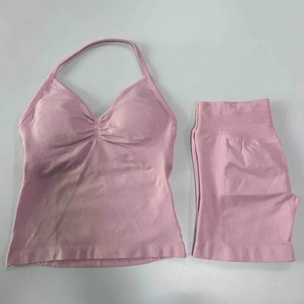 2 Pieces Sports Set Women Backless Tank Tops High Waist Scrunch Seamless Shorts Sport Suit Gym Set Sportswear Workout Set