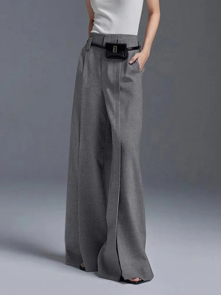 Yeezzi Women Business Suit Pants High Waist Pleated Split Front Trousers Black