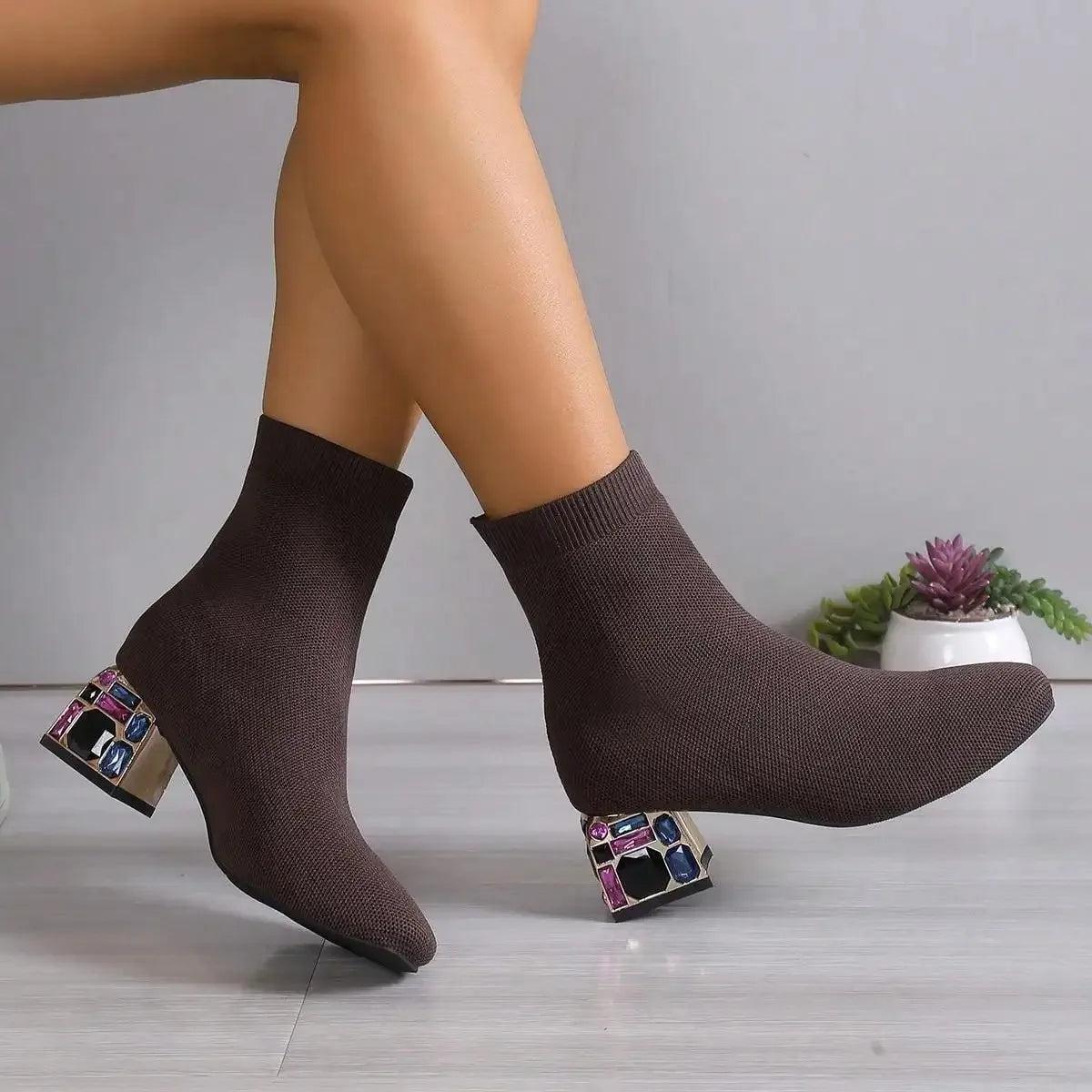 Women Hot Sale High Heels Short Boots 2023 Winter Designer Square Toe Mesh Breathable Stretch Sock Boots Slip on Platform Shoes