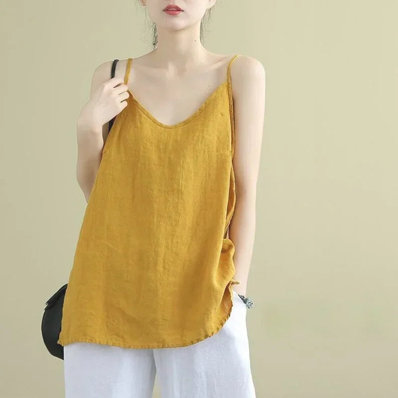 Women's Summer Top Cotton Linen Spaghetti Strap Top Women Halter V Neck Basic Yellow Sleeveless Tank Tops Loose Casual Camis