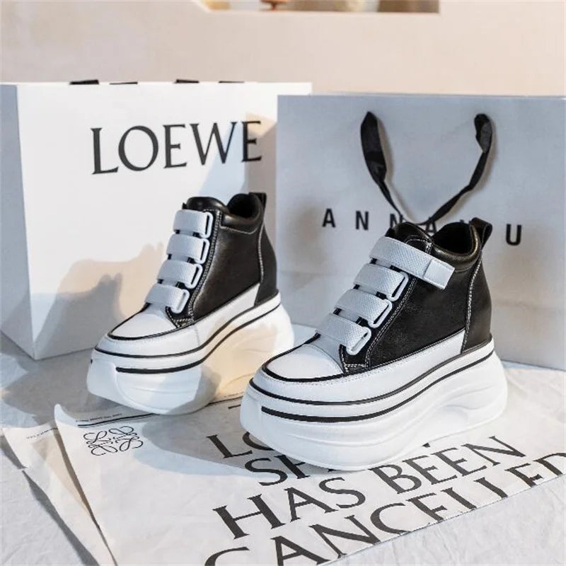 10cm Genuine Leather Platform Wedge Mid Calf Ankle Motorcycle Booties Non Slip Hidden Heel New Women Slip-On Autumn Spring Shoes