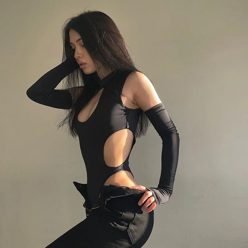 American-style ins sexy hot girl top, hollow-out design, tight-fitting T-shirt, solid color, high-neck long-sleeve bodysuit